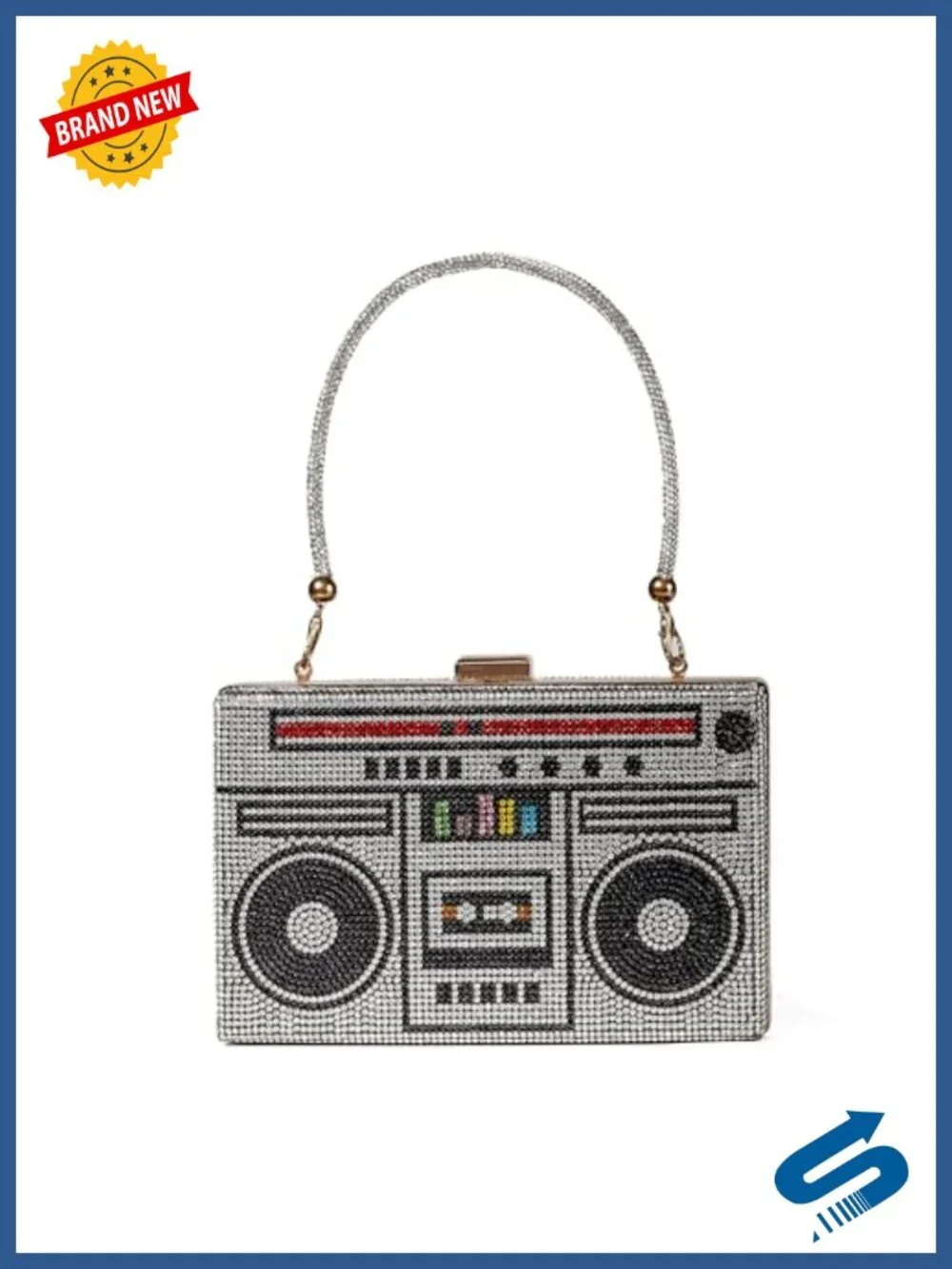 Rhinestone Radio Shape Crossbody Clutch 3-Way Evening Bag Detachable Chain